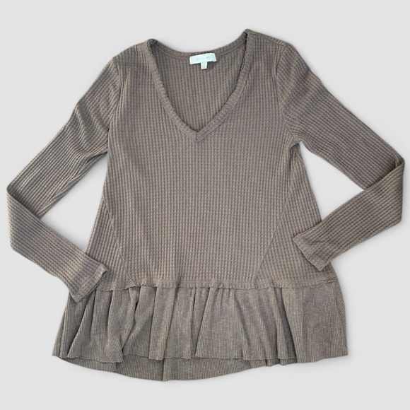 Anthropologie eri & ali Chocolate Brown Waffle Knit Tunic Hem V Neck Top SZ S - Picture 3 of 10